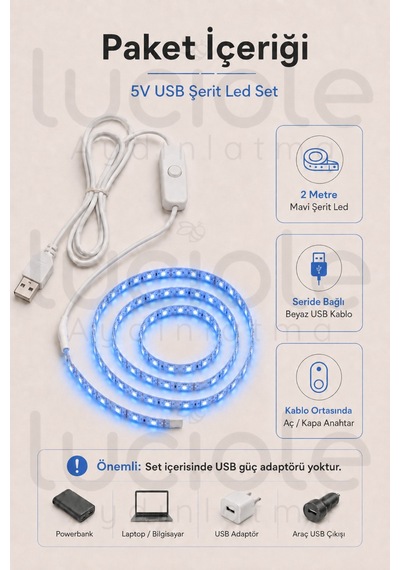 2 Metre 5v Usb Mavi Şerit Led Anahtarlı Gaming Masa Tv Arkası Powerbank Dekoratif Aydınlatma
