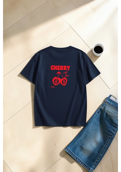 Uyguntarz Unisex With Love Cherry Baskılı Tasarım Oversize Tişört Lacivert