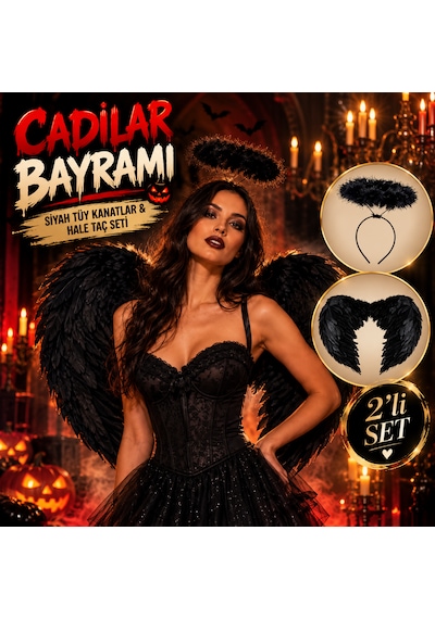 Cadılar Bayramı Siyah Melek Kanadı Ve Hale Taç Seti 2 Parça Kadın Halloween Kostüm Ve Parti Aksesuarı Yetişkin