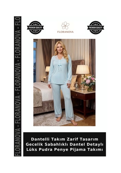 Floranova Dantelli Takım Zarif Tasarım Gecelik Sabahlıklı Dantel Detaylı Lüks Pudra Penye Pijama Takımı