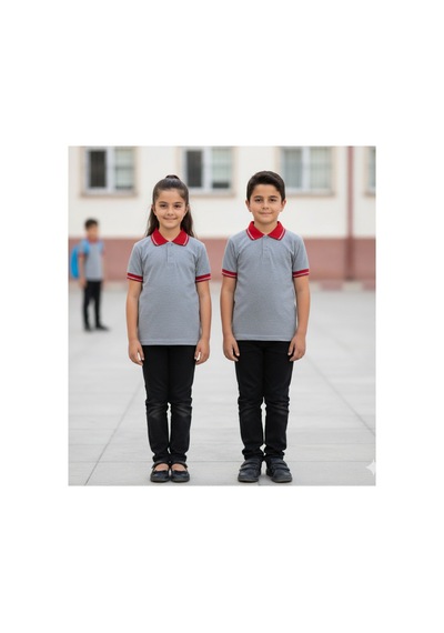 Kidsmadamiko Gri Polo Yaka Kısa Kol Unisex Çocuk Tişört