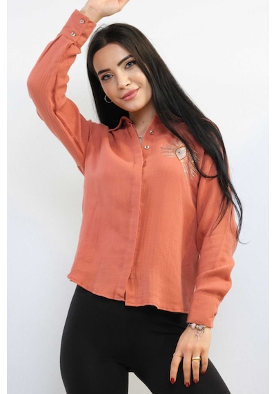 Sevgi Butik Moda Çizgi Taşlı Keten Gömlek Mc2301 Mercan 001