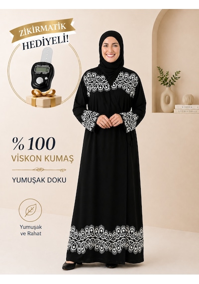 Bilenler Halka Desenli Siyah Namaz Elbisesi Viskon Kumaş Zikirmatik Hediyeli Yandan Bağlamalı
