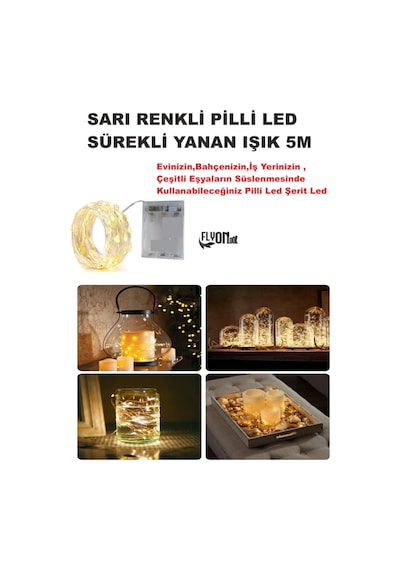 Sarı Işıklı Sürekli Yanan Pilli Led Işık 5m Ev, Bahçe, Ofis , Çeşitli Eşya Süsleme Led Şerit Işık