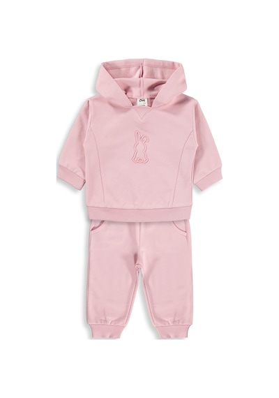 Civil Baby Tavşan Baskılı Kapşonlu Basic 6-18 Ay Takım - Pembe Koyu Pastel Pembe