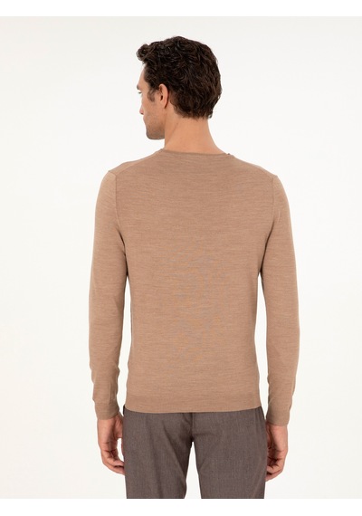 Cacharel Camel Slim Fit Bisiklet Yaka Yün Karışımlı Basic Triko Kazak Kahverengi