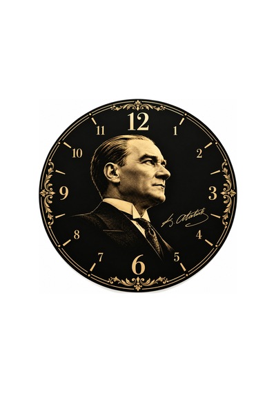 Atatürk Temalı 45 Cm Ahşap Sessiz Akar Mekanizmalı Uv Baskılı Dekoratif Duvar Saati Hediyelik 1094 Çok Renkli