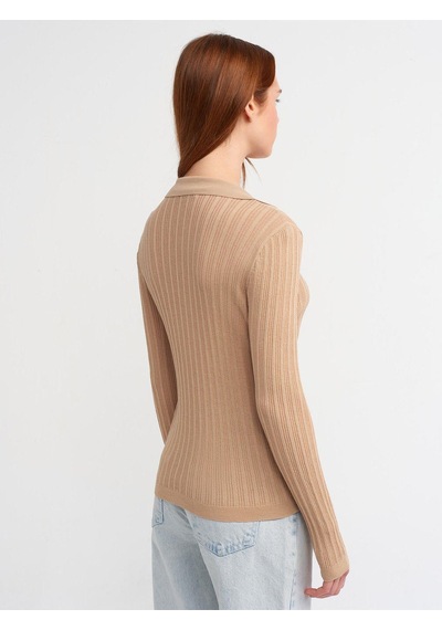 Dilvin 10526 Polo Yaka Çiçek Detaylı Transparan Triko Bluz-bej-565 Bej