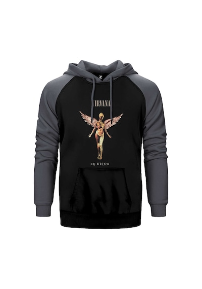 Nirvana In Utero Gri Renk Reglan Kol Kapşonlu Sweatshirt Gri