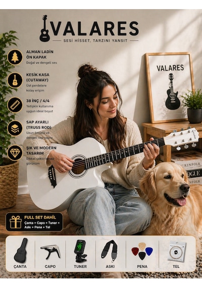 Valares 38c Kesik Kasa Beyaz Akustik Gitar 38 İnç 4/4 Yetişkin Üst Segment Çanta Capo Askı Pena