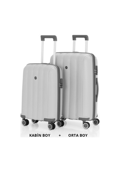 Mçs Bavul Orta Ve Kabin 2li Set Kırılmaz Silikon Valiz V305 Kemik/gri Kemik