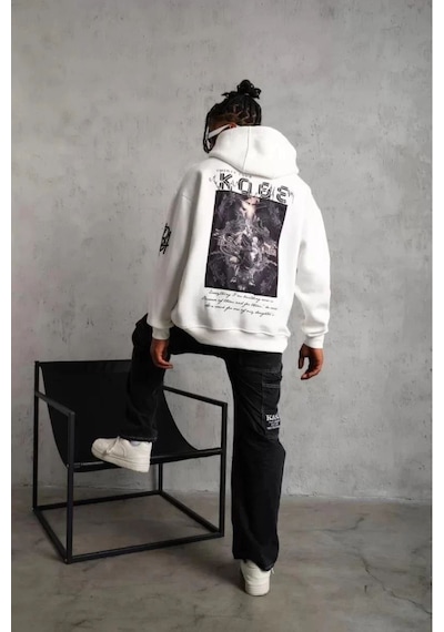Berkek 3 İplik Pamuklu Kapüşonlu Baskılı Cepli Oversize Sweatshirt Hoodie - Eyaz Beyaz