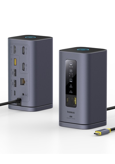 Baseus Docking Station Spacemate Serisi 11'i 1 Arada Yerleştirme İstasyonu, 3 Monitör, 2 X Hdmı 1 X Dp 4k 60hz, 3 X Usb-a/c 10 Gbps, 1 Gbps Ethernet, 100 W Pd