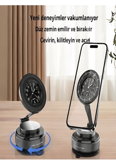 Saat Tasarımlı Araç İçi Telefon Tutucu Magsafe Manyetik 360 Ayarlanabilir Katlanabilir Siyah - Siyah