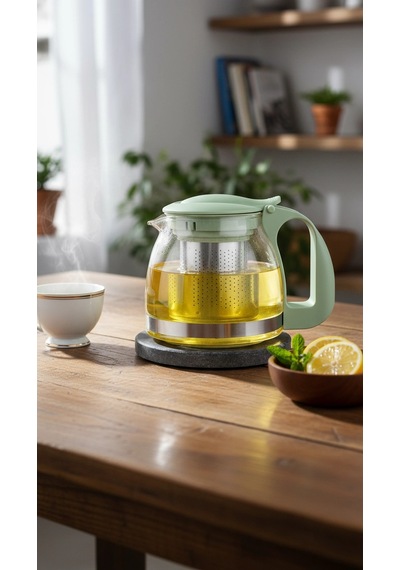 Renkli Süzgeçli Cam Demlik 700 Ml - Fıstık Yeşili Çok Renkli