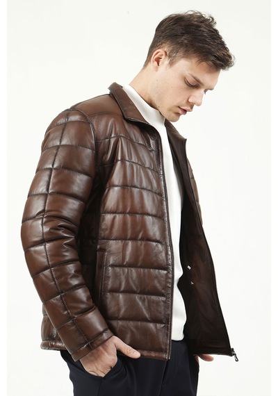 Dericlub E924 Şişme Gerçek Deri Erkek Mont Camel Antik Camel
