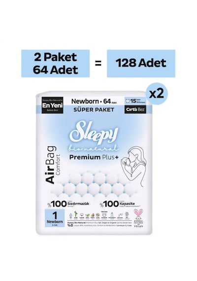 Sleepy Bio Natural Premium Plus Airbag Comfort Avantaj Paketi Bebek Bezi 1 Numara Newborn 128 Adet