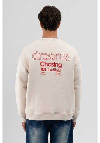 Vamos Oversize Bisiklet Yaka Baskılı Sweatshirt Taş