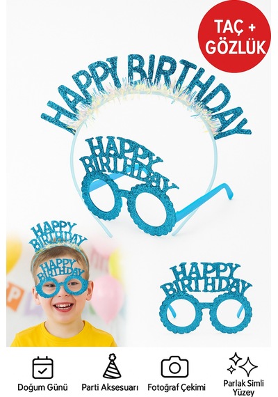 Mavi Happy Birthday Simli Doğum Günü Taç Ve Gözlük Seti Parti Aksesuarı, Fotoğraf Konsepti