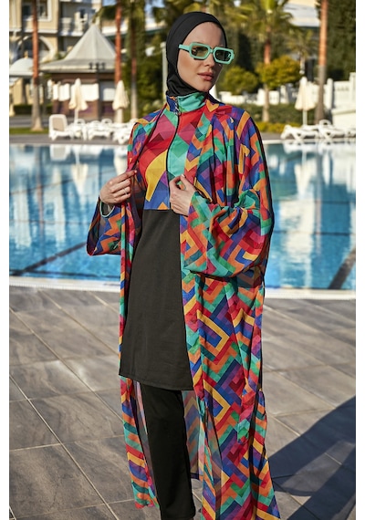 Remsa Mayo Remsa Tesettür Mayo Üzerine Tek Kaftan Kimono Pareo Rp016 Tetris Siyah