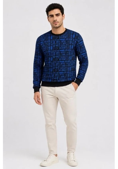 DefyModa Erkek Siyah Mavi Yazı Desenli İki İplik Şardonlu Sweatshirt Lacivert