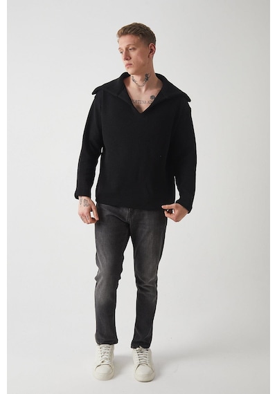 R-5850 Yaka Detaylı Örme Sweat Siyah