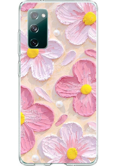 Samsung Galaxy S20 Fe Uyumlu Pembe Beyaz Çiçekler Sulu Boya Baskılı Silikon Kılıf Renkli