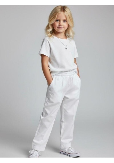 Zekids Kız Çocuk Yumuşak Dokulu Yüksek Bel Pantolon-17008 Beyaz