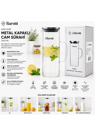 Barotti Dmr-9039 Metal Kapaklı Borosilikat Cam Sürahi 1200 Ml- 12'li Paket