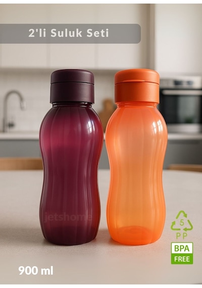 2'li Suluk Bpa Free Ofis-spor-okul Matarası Pp-5 Mürdüm-turuncu 900 Ml Turuncu - Bordo