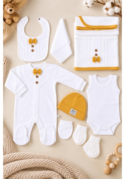 Babyhola Organik %100 Pamuk Kız Erkek Bebek Yenidoğan Tulum Zıbın Battaniye 8'li Set 0-3 Ay Hediyeli Sarı