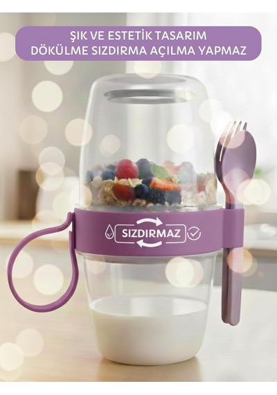 3 Lü Set Taşınabilir Kaşık+çatal Kapaklı Yoğurt Müsli Granola Yemek Diyet Saklama Kabı Take And Diğer