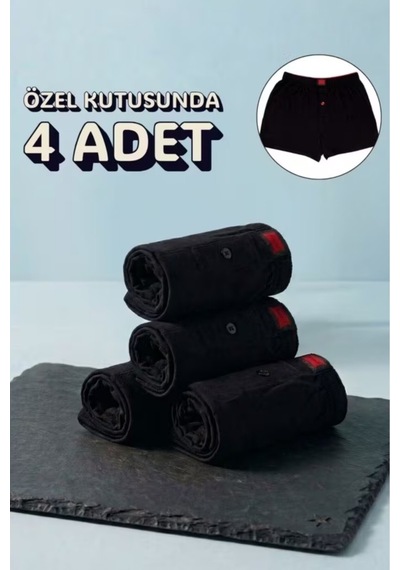 Trendybee Tutku 4 Lü Erkek Boxer Siyah Renk Pamuklu Rahat Önden Düğmeli Siyah Siyah