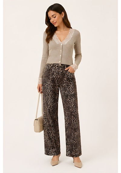 Lili Woman Kadın Yüksek Bel Leopar Desenli Wide Leg Pantolon Ty.lpr01 Kahverengi