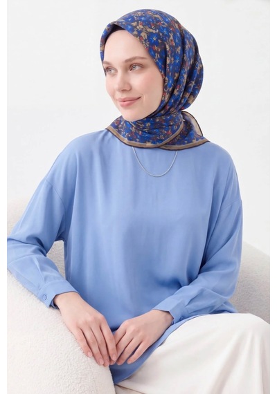 Silk Home Mini Floral Desen Soft Pamuk Eşarp Saks mavi