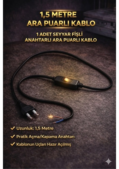 1 Adet Seyyar Fişli 1,5 Metre Arapuarlı Kablo,led Trafosu Ve Masa Lambası Bağlantı Kablosu - Hazır Soyulmuş Uçlu Siyah