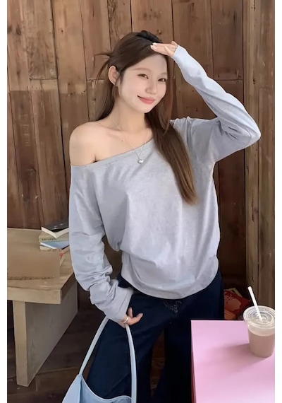 Cool Tarz Gri Kadın Düşük Omuz Kayık Yaka Oversize Uzun Kollu T-shirt Gri Gri
