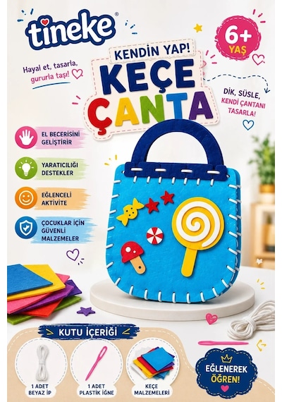 Tineke Kendin Yap Keçe Çanta Yapım Seti Mavi Lolipop Desenli, Eğitici Oyuncak Hobi Ve El Sanatları