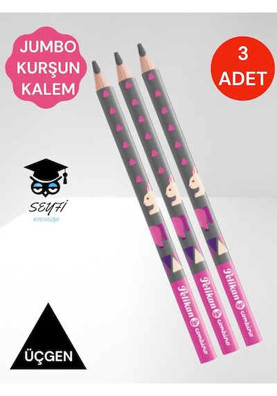 Pelikan Jumbo Üçgen Kurşun Kalem 3 Adet Combino Hayvan Desenli Başlangıç Kalemi B Derece Pembe