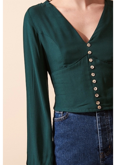 Trendquel Düğme Detaylı V Yaka Uzun Kol Bluz Yeşil