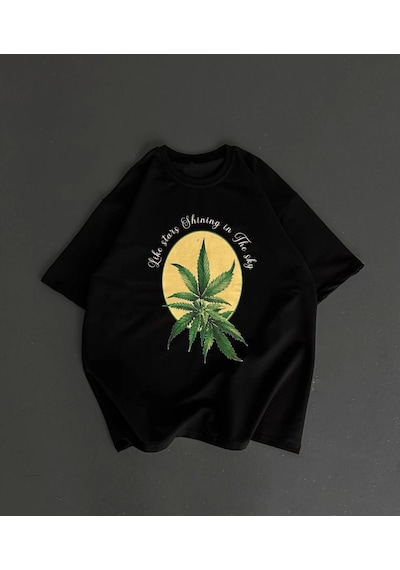 Ön Ve Arka Baskılı Oversize Bisiklet Yaka T-shirt- Siyah Siyah