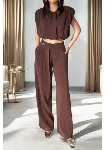 Fleurs Chic Kahverengi Palazzo Pantolon Ve Bluz Takım Kahverengi
