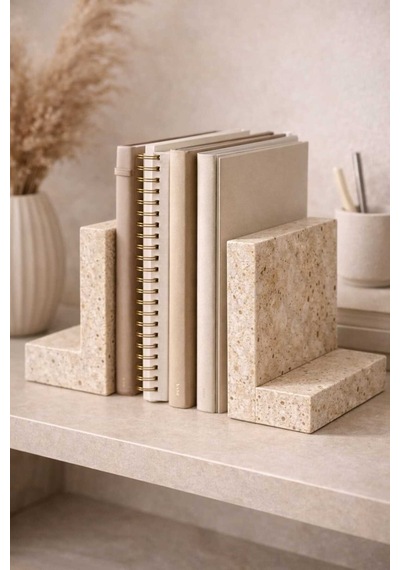 Traverten Mermer Kitap Tutucu 2 Li Set Minimal L Tip Bookend