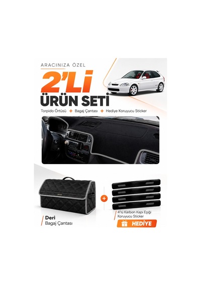 Honda Civic Ek-ej-em 1995-2000 Uyumlu Torpido Örtüsü + Deri Bagaj Çantası + Sticker - Siyah Gri