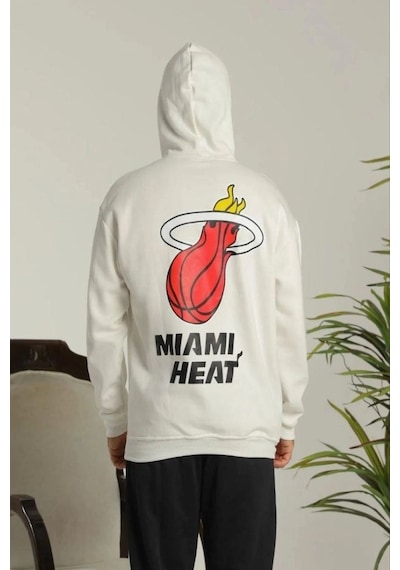Erkek 3 İplik Pamuklu Kapüşonlu Baskılı Cepli Oversize Sweatshirt Hoodie - Beyaz