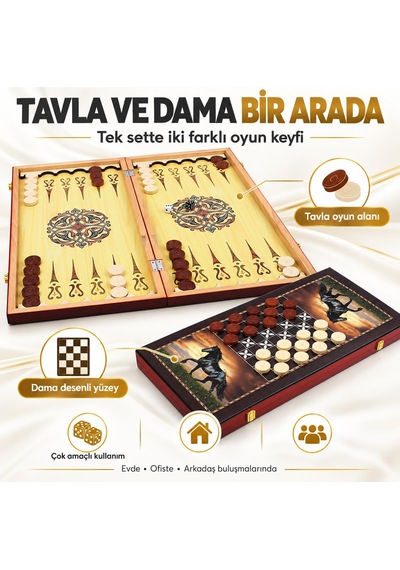 Büyük Boy Doğal Ahşap Tavla Ve Dama Seti Siyah At Desenli Katlanabilir Hediyelik & Dekoratif Set