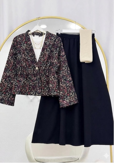 Lovie Moda Kadın Bohem Desenli Etekli Takım - Siyah