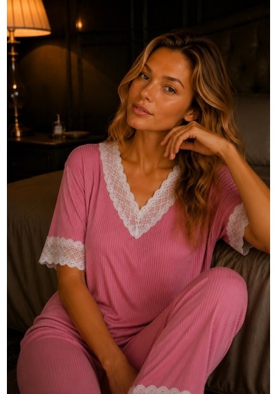 Elitol Fitilli Örme Dantel Detaylı Kadın Pijama Takımı Pembe-6