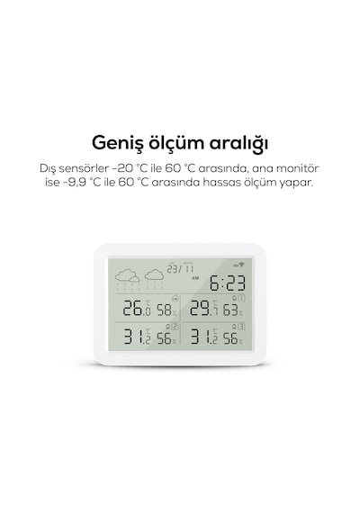 Dijital Termometre Monitörlü 4 Bölge Takipli İç-dış Mekan, Wifi, Akıllı İklim Sensörü X7510
