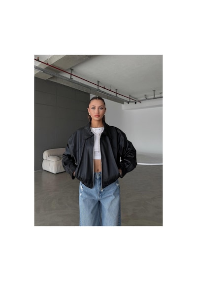 Meecy Kadın Yeni Sezon Bomber Deri Ceket Black Black
